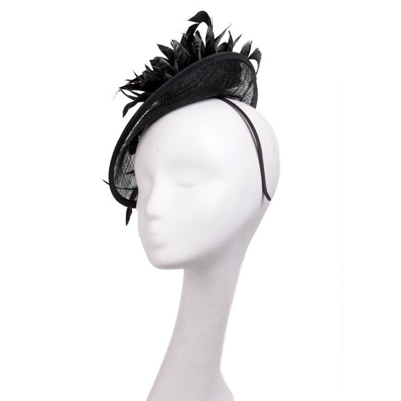 Sinamay Dipped Disk Fascinator Hat Headpeice Party Wedding Black Feather Flower - Picture 2 of 7